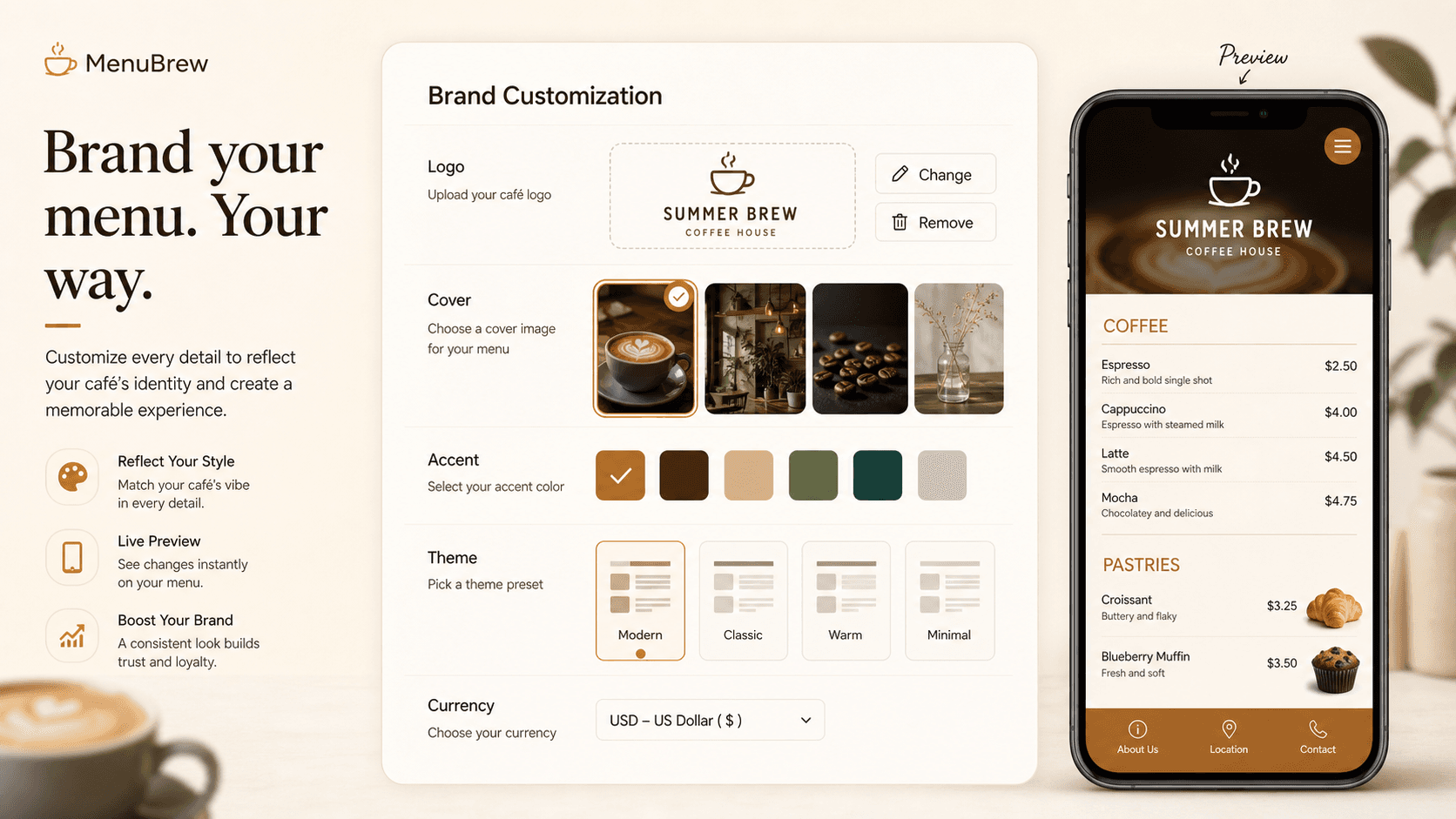 AI-generated brand customization preview with logo, cover image, accent color, theme controls, and phone preview
