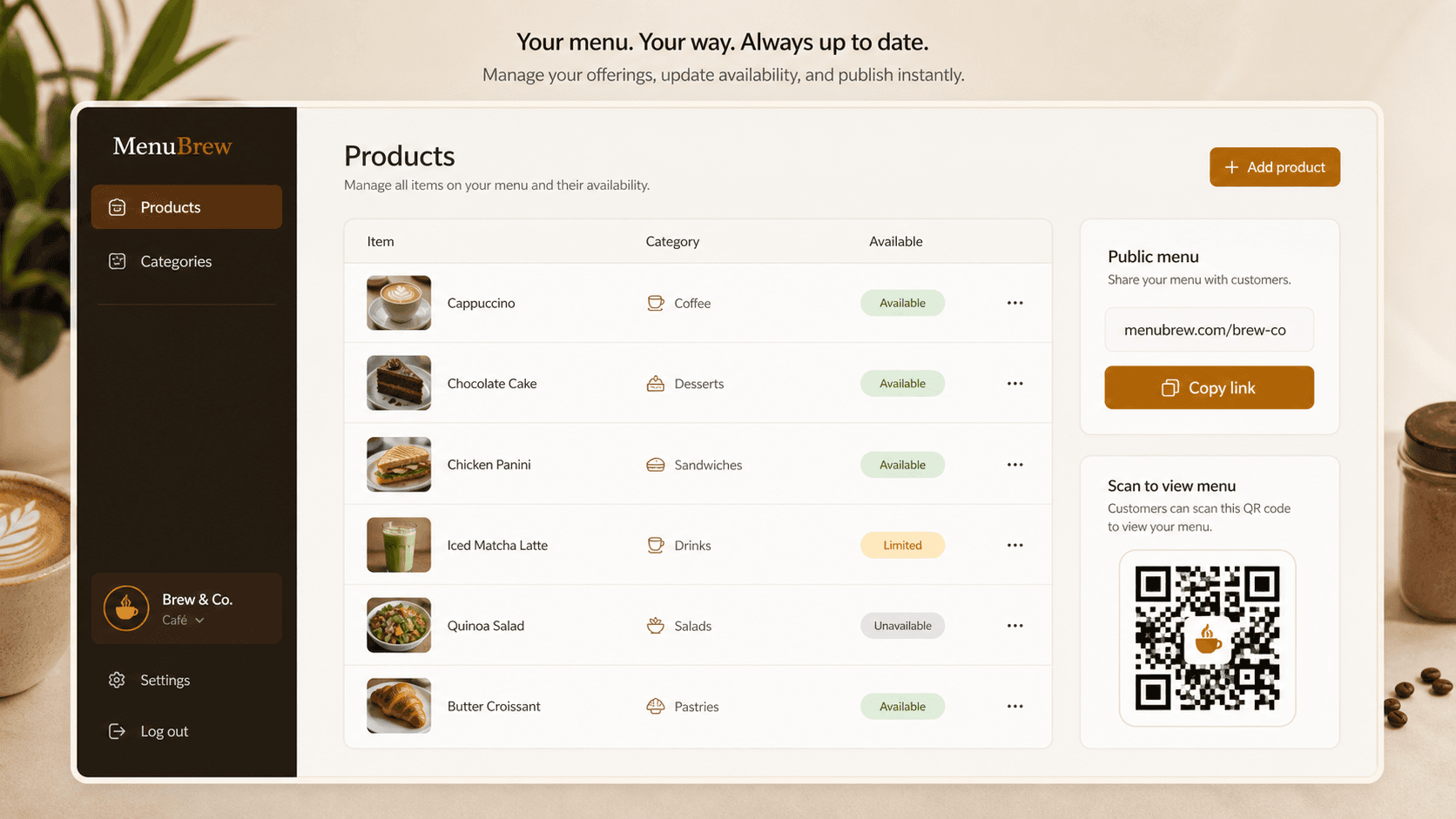 AI-generated Barmenu owner dashboard preview for managing products, availability, and public menu sharing